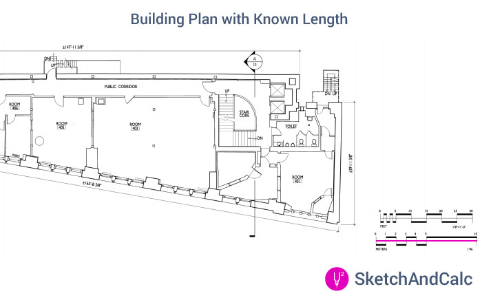 Building plan with scale marker used to calibrate SketchAndCalc to find the area of irregular shapes.